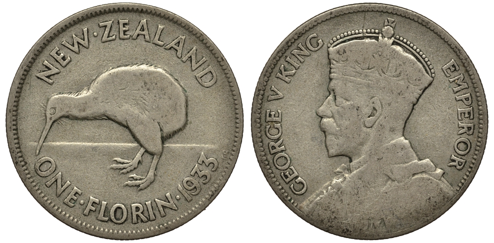 Новая Зеландия 1 флорин 1933 Георг V (1910-1936), птичка киви KM 4 серебро 272-1223