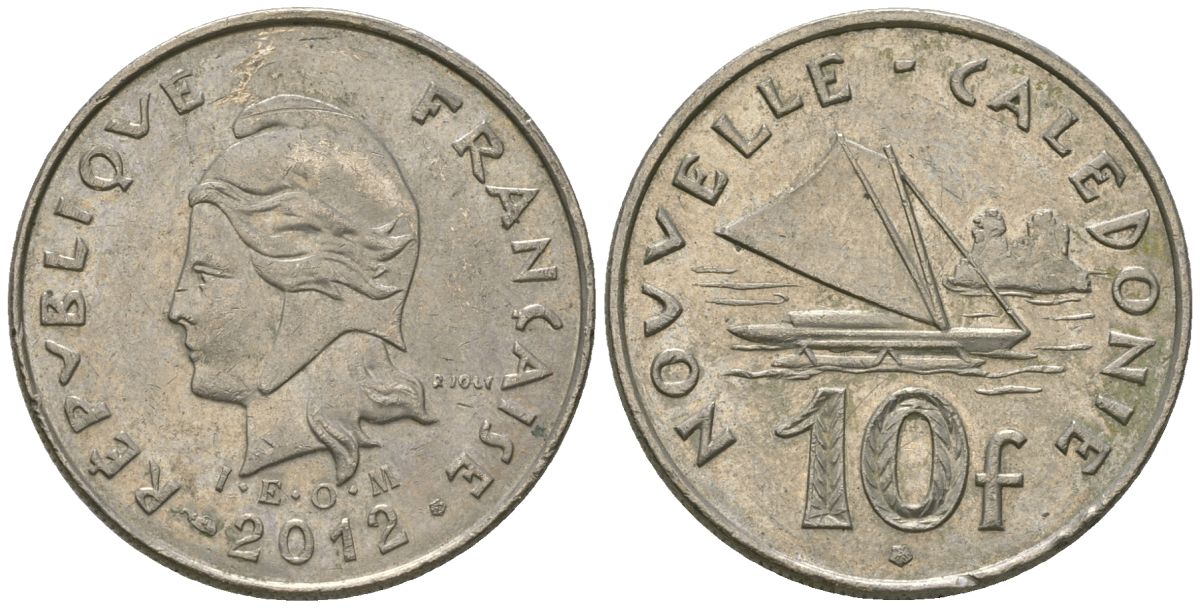 Французская Новая Каледония 10 франков 2012 рыбачья парусная лодка, (IEOM) KM 11a, Schoen 13a, Lec 99k медно-никель 65-856