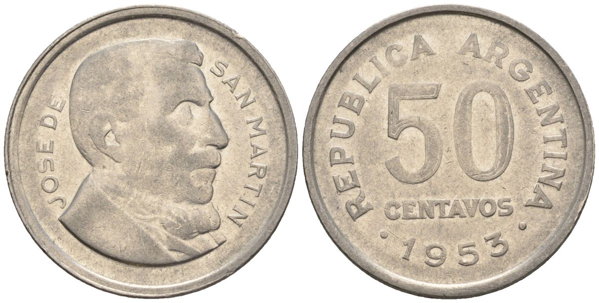 Аргентина 50 сентаво 1953 генерал Хосе де Сан Мартин KM 49, CJ 224, Schon 52 сталь плакированная никелем    60-956