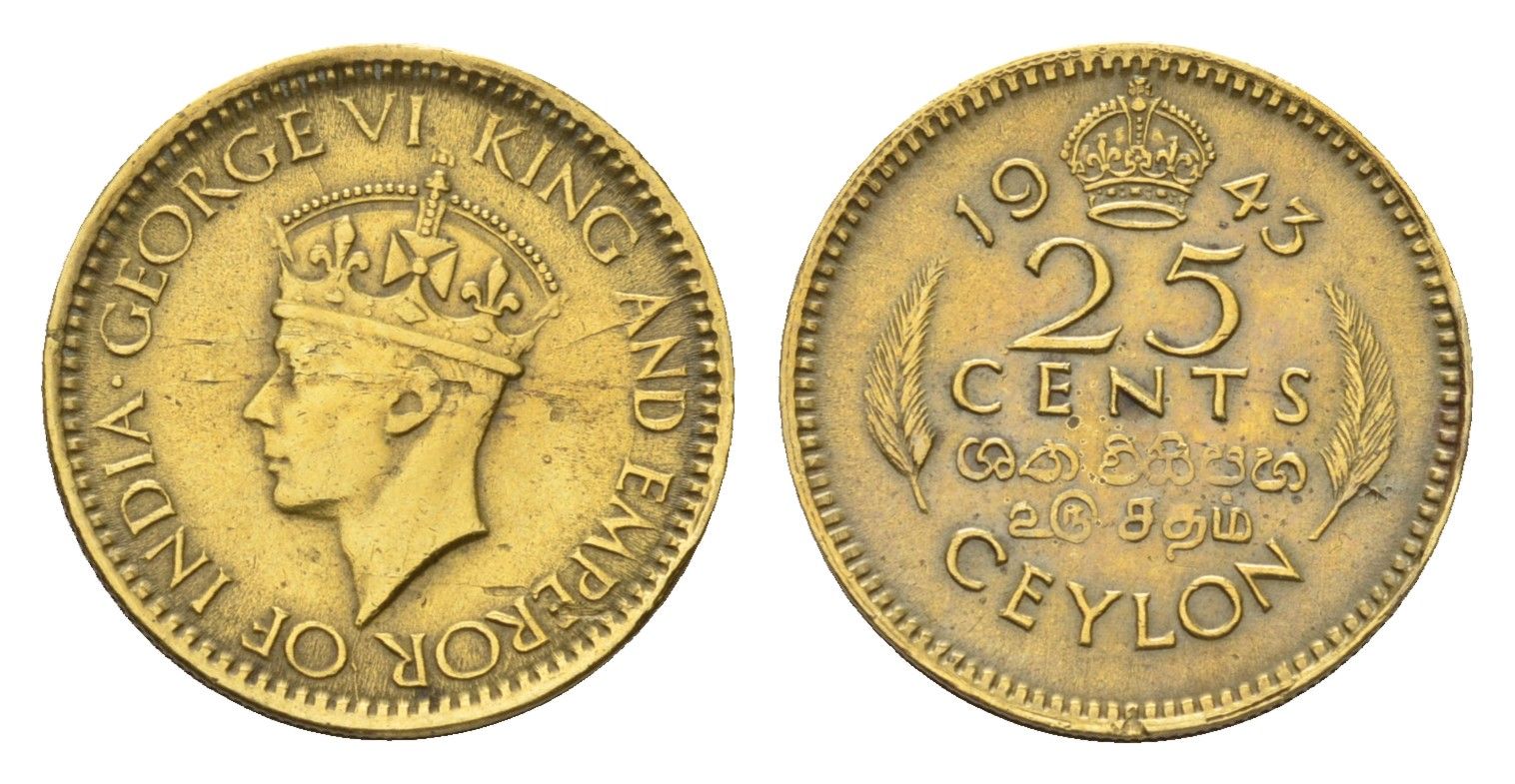 Цейлон 25 центов 1943 Георг VI (1936-1952), год-тип KM 115 никель латунь 4516-766