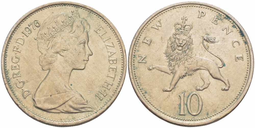 Великобритания 10 пенсов 1976 Елизавета II (1952-2022) KM 912, Spink 4231 (F1) медно-никель  29-941