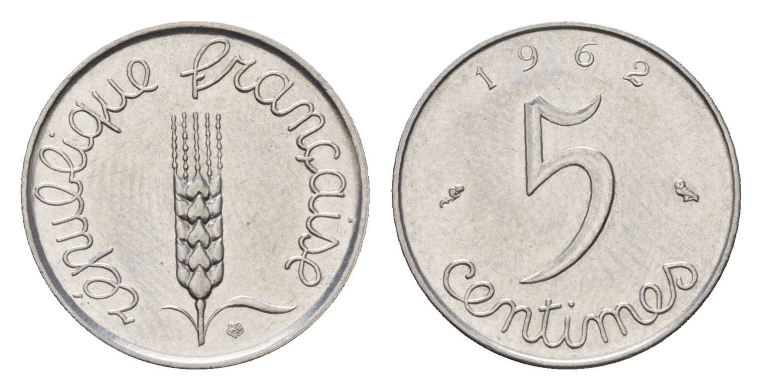 Франция 5 сантимов 1962 пятая республика KM 927, Le Franc 124.4 нержавеющая сталь 4617-424
