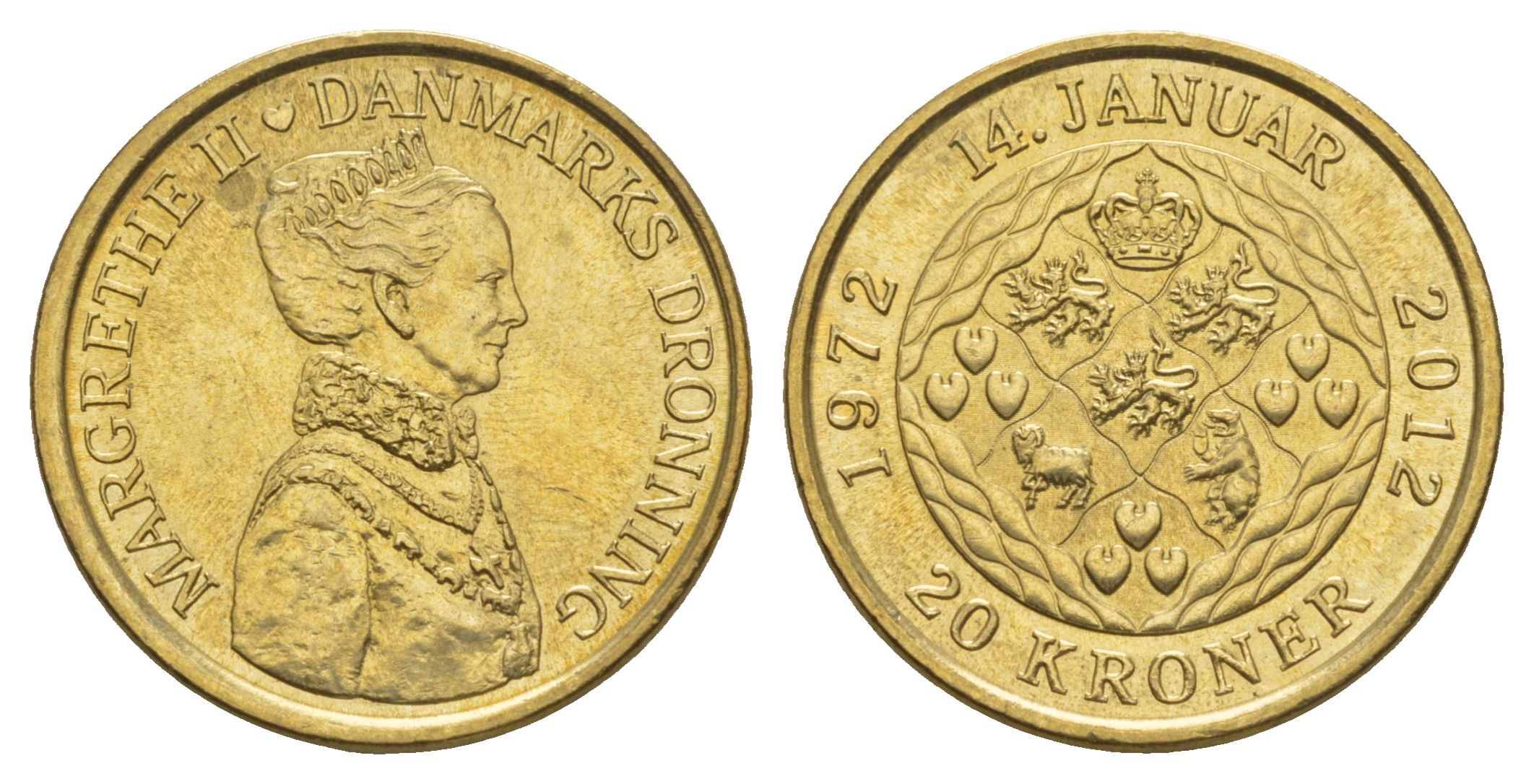 Дания 20 крон 2012 40 лет со дня коронации Королевы Маргреты II KM 945 алюминиевая бронза UNC 4650-1242