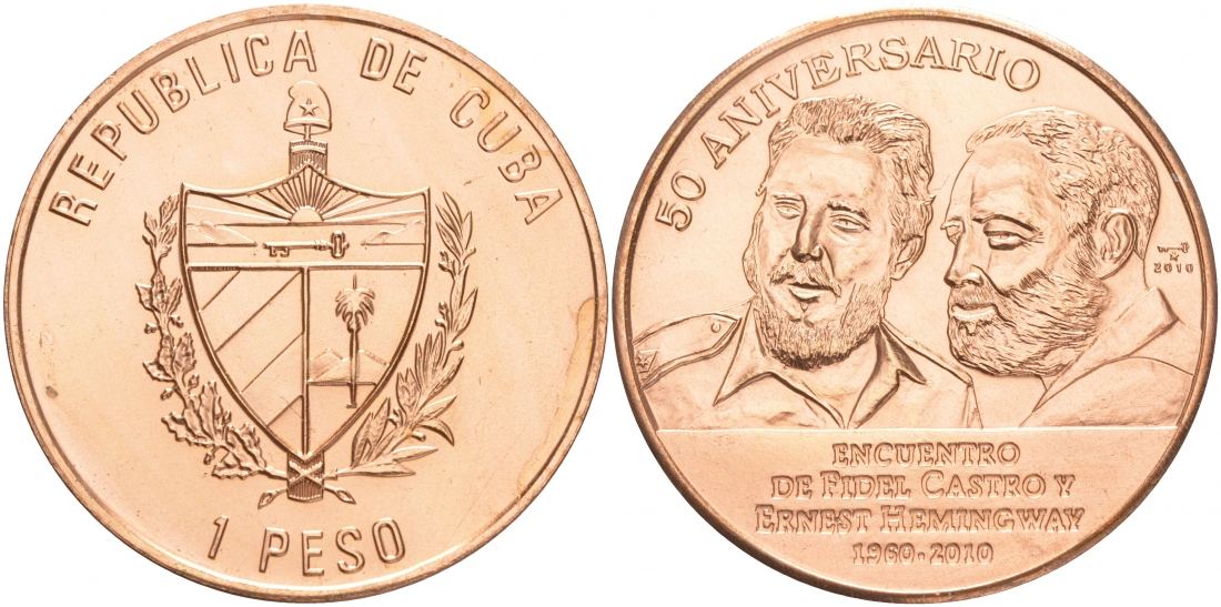 Куба 1 песо 2010 50 лет встрече Фиделя Кастро и Эрнеста Хемингуэя KM 954a медь UNC M27-15