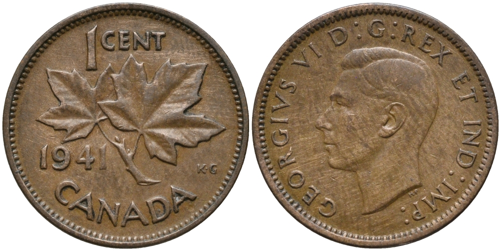 Канада 1 цент 1941 Георг VI (1937-1952), кленовый лист KM 32 бронза 71-1533