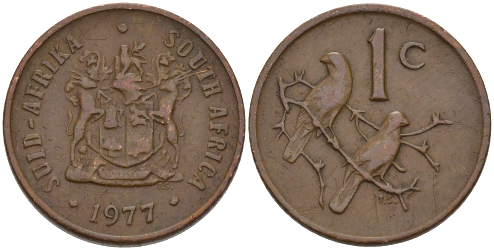 ЮАР 1 ЦЕНТ 1977 ГЕРБ, КАПСКИЕ ВОРОБЬИ KM 82 бронза 66-256
