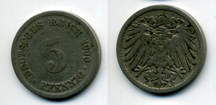 ГЕРМАНИЯ 5 ПФЕННИГОВ 1900 A, KM 11, J. 12 медно-никель 58-1233