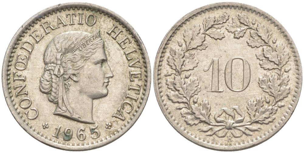 Швейцария 10 раппенов 1965 В KM 27 медно-никель 55-345