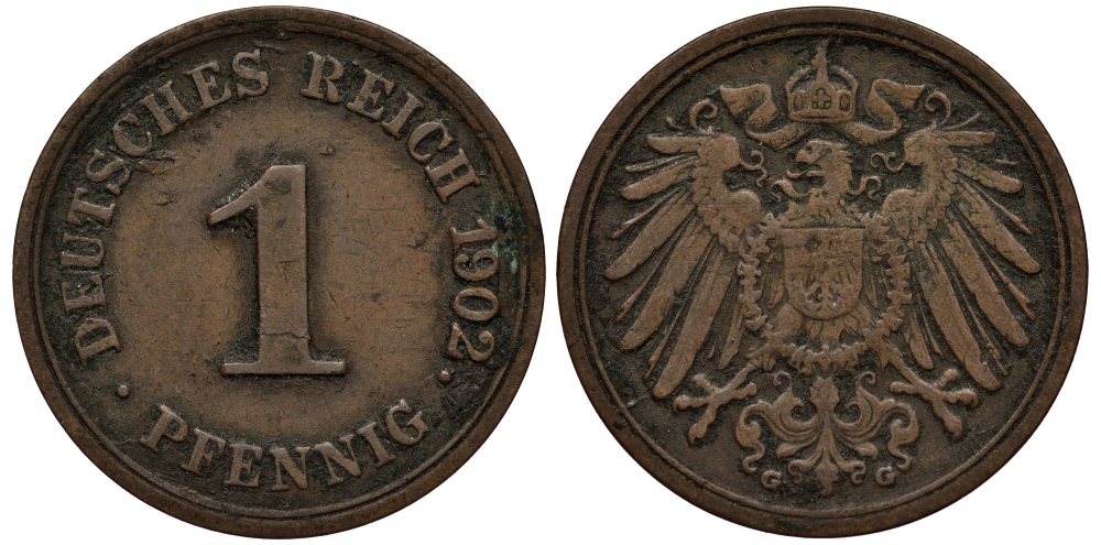 Германия 1 пфенниг 1902 G KM 10, J. 10 медь 413-2113