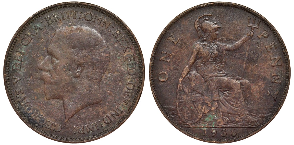 Великобритания 1 пенни 1936 Георг V (1910-1936) KM 838, Spink 4055 бронза 4123-1044