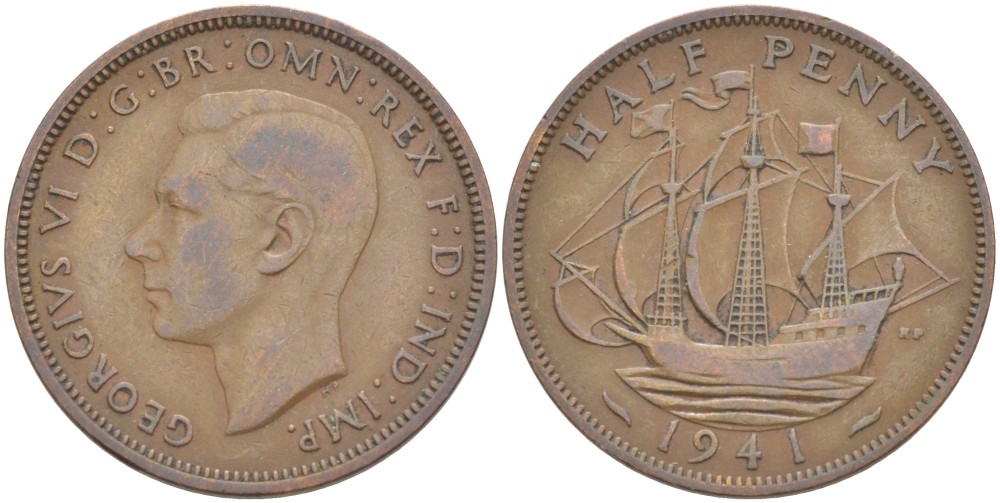 Великобритания 1/2 пенни 1941 Георг VI (1936-1952) KM 844, Spink 4115 бронза 4539-652