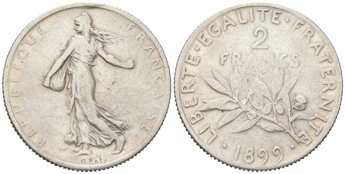 Франция 2 франка 1899 KM 845 серебро 4616-546