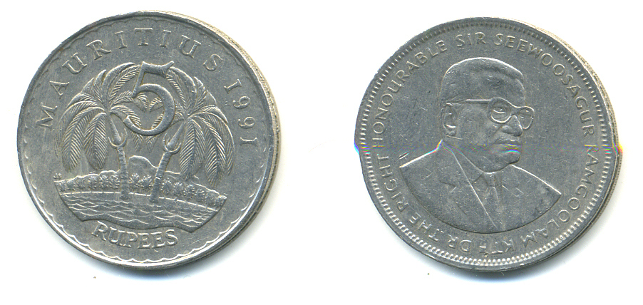 Маврикий 5 рупий 1991 Сивусагур Рамгулам KM 56 медно-никель 179-122