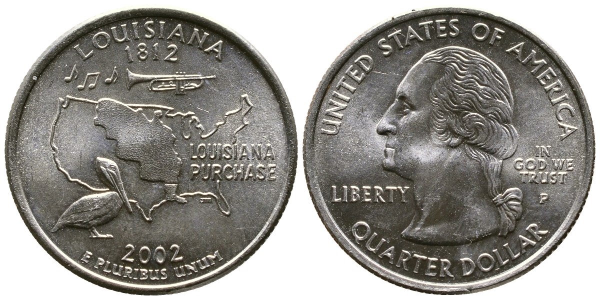 США 25 центов = квотер 2002 Р, серия штаты США, Луизиана KM 333 медь плакированная медно-никелем 56-446