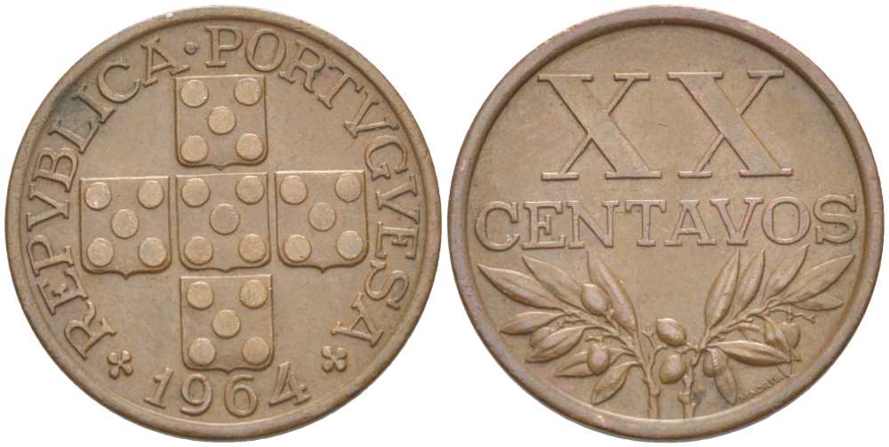 ПОРТУГАЛИЯ 20 СЕНТАВО 1964 KM 584 бронза 4513-1241