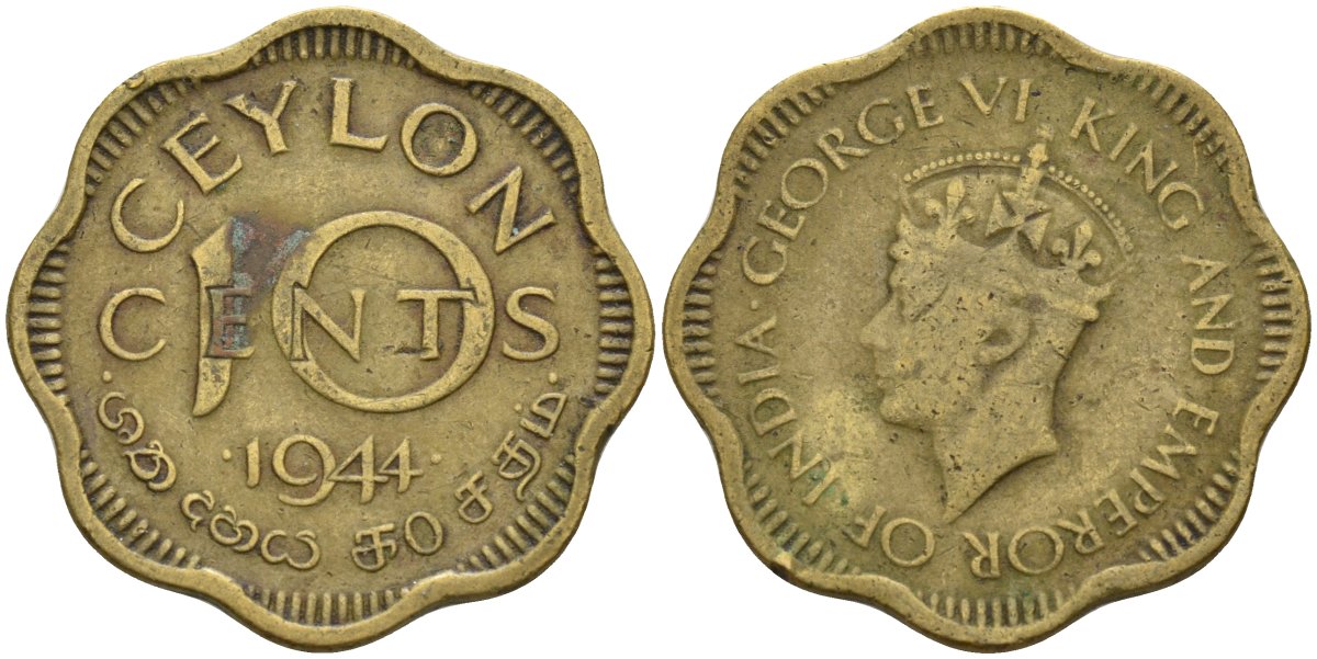 Цейлон 10 центов 1944 Георг VI (1937-1952) KM 121 никель латунь 4143-535