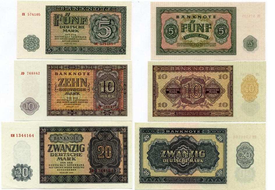 ГДР набор из 5 банкнот 1955 полный комплект (5, 10, 20, 50, 100 марок) Pick 17, 18а, 19а, 20а, 21, Rosenberg 349a, 350a, 351a, 352a, 353a бумага UNC (ПРЕСС) 8613-8-1