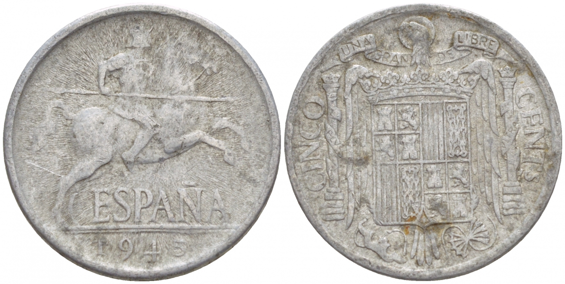 ИСПАНИЯ 5 СЕНТАВО 1945 РЫЦАРЬ НА КОНЕ KM 765 алюминий 4547-1216