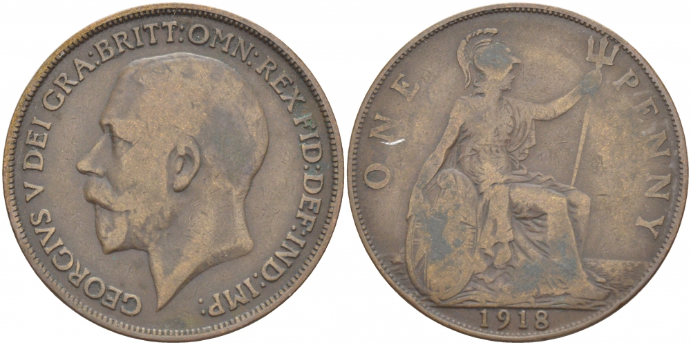 Великобритания 1 пенни 1918 Георг V (1910-1936) КМ 810, Spink 4051 бронза 215-314