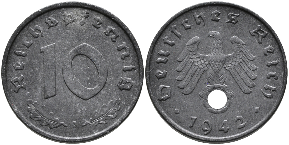 ГЕРМАНИЯ 10 РЕЙХСПФЕННИГОВ 1942 A KM 101, J.371 цинк 95-815