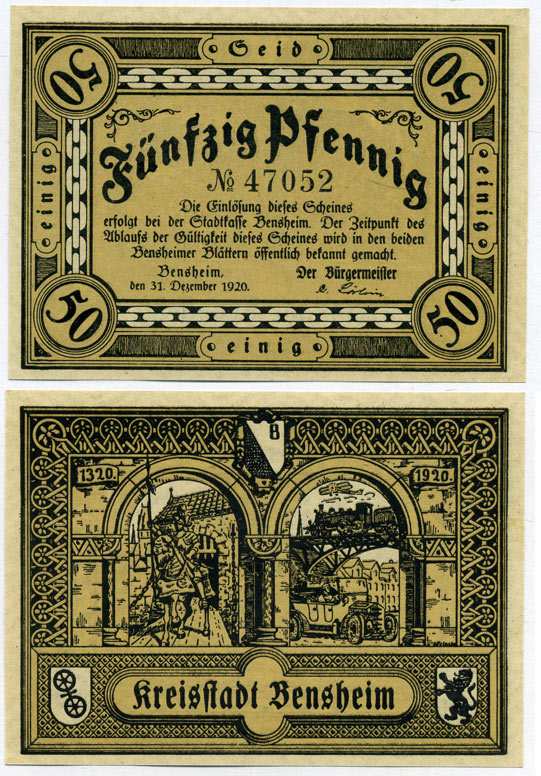 БЕНСХАЙМ, ГЕРМАНИЯ 50 ПФЕННИГОВ 1920 31 ДЕКАБРЯ 1920, НОТГЕЛЬД, ЗЕМЛЯ ГЕССЕН Grabowski В20.1 бумага UNC (ПРЕСС) 8613-16-2-2