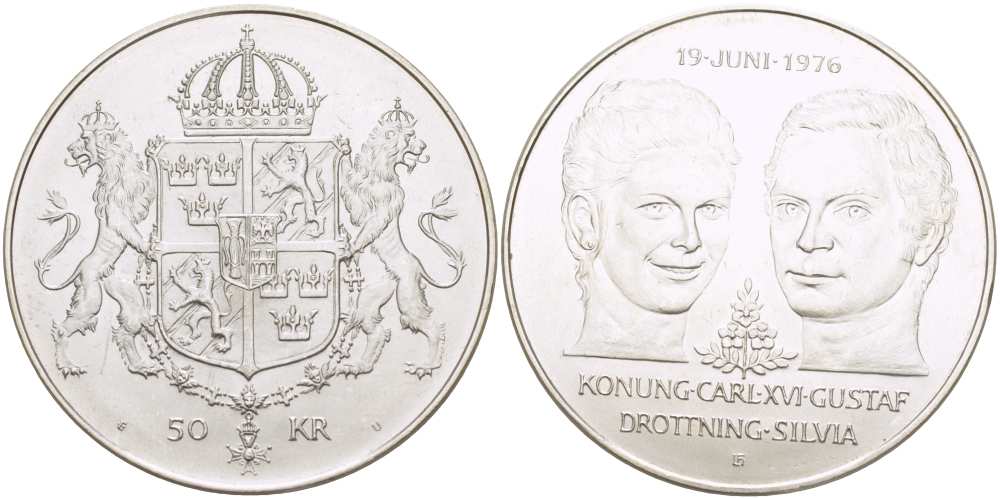 Швеция 50 крон 1976 U, королевская свадьба Карла XVI и королевы Сильвии KM 854 серебро UNC 413-1035