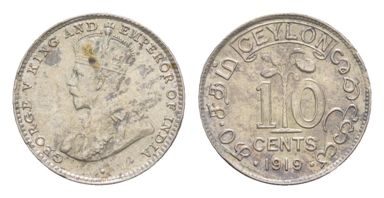 Цейлон 10 центов 1919 B, Георг V (1910-1936) KM 104a серебро  aUNC  1527-1345