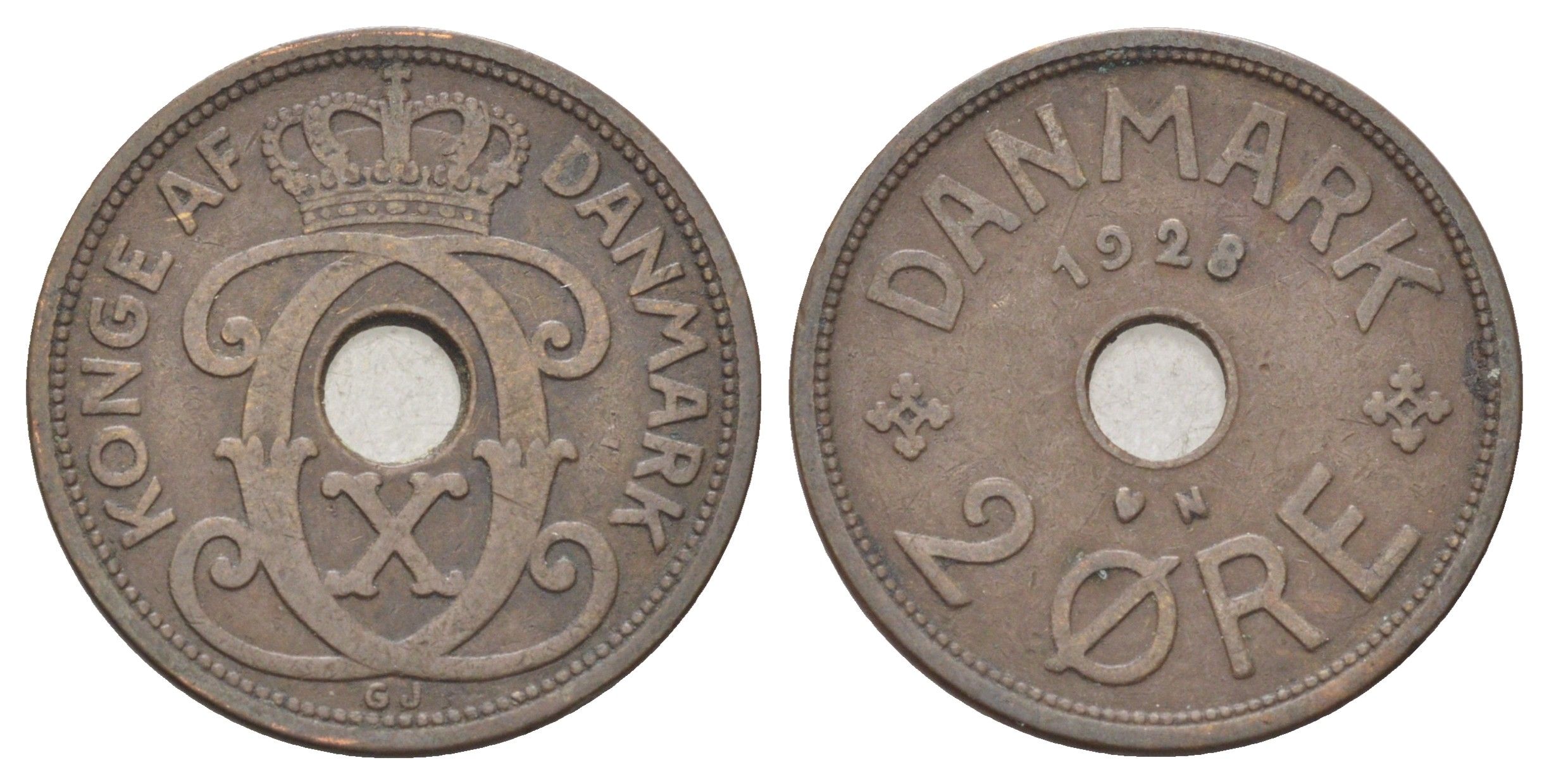 Дания 2 эре 1928 N, Кристиан X (1912-1947) KM 827 бронза 4701-719