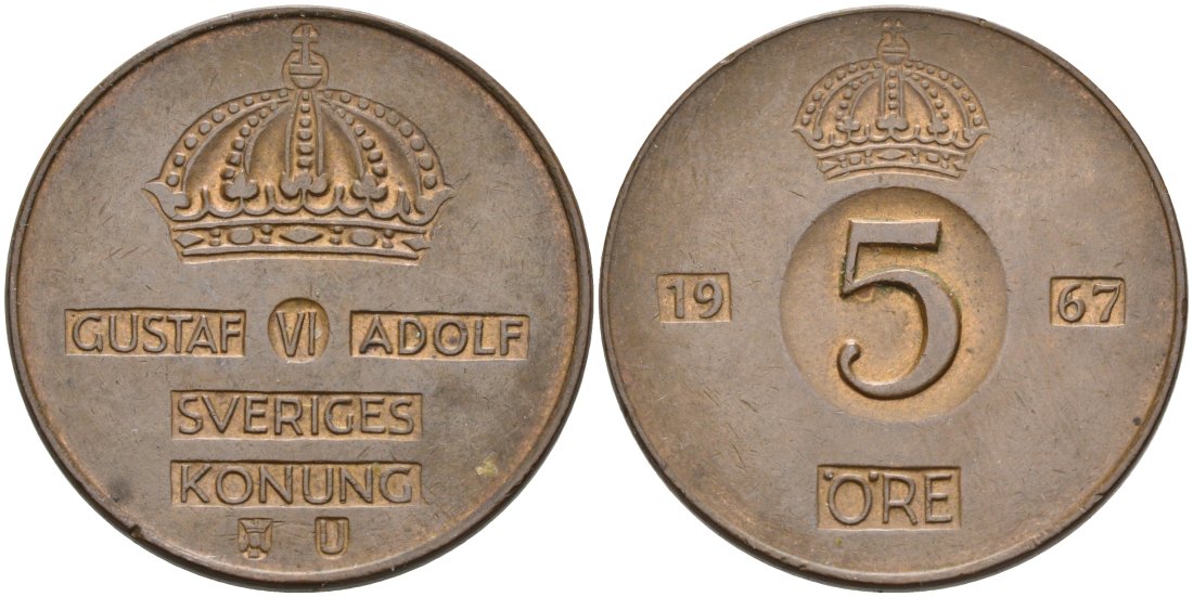 Швеция 5 эре 1967 U, Густав VI Адольф (1950-1973) KM 822 бронза 4571-823