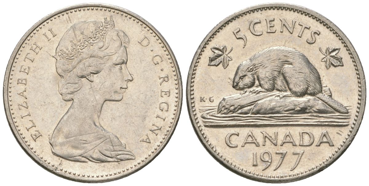 Канада 5 центов 1977 Елизавета II (1952-2022), бобр KM 60.1 никель aUNC 4617-924