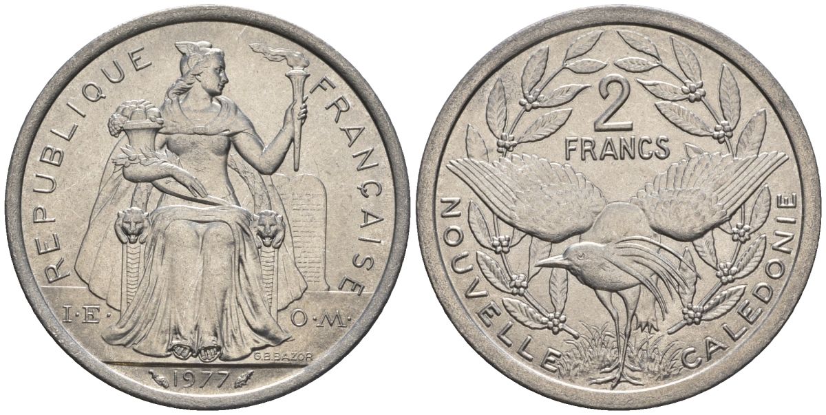 Французская Новая Каледония 2 франка 1977  KM 14 алюминий  UNC  4610-512