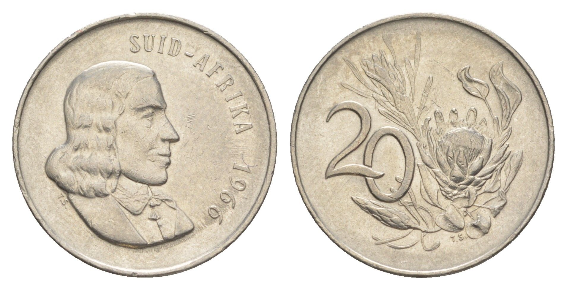 ЮАР 20 центов 1966 Ян ван Рибек (1619-1677), Suid Africa, легенда на африкаанс, цветок протея KM 69.2 никель 4603-934