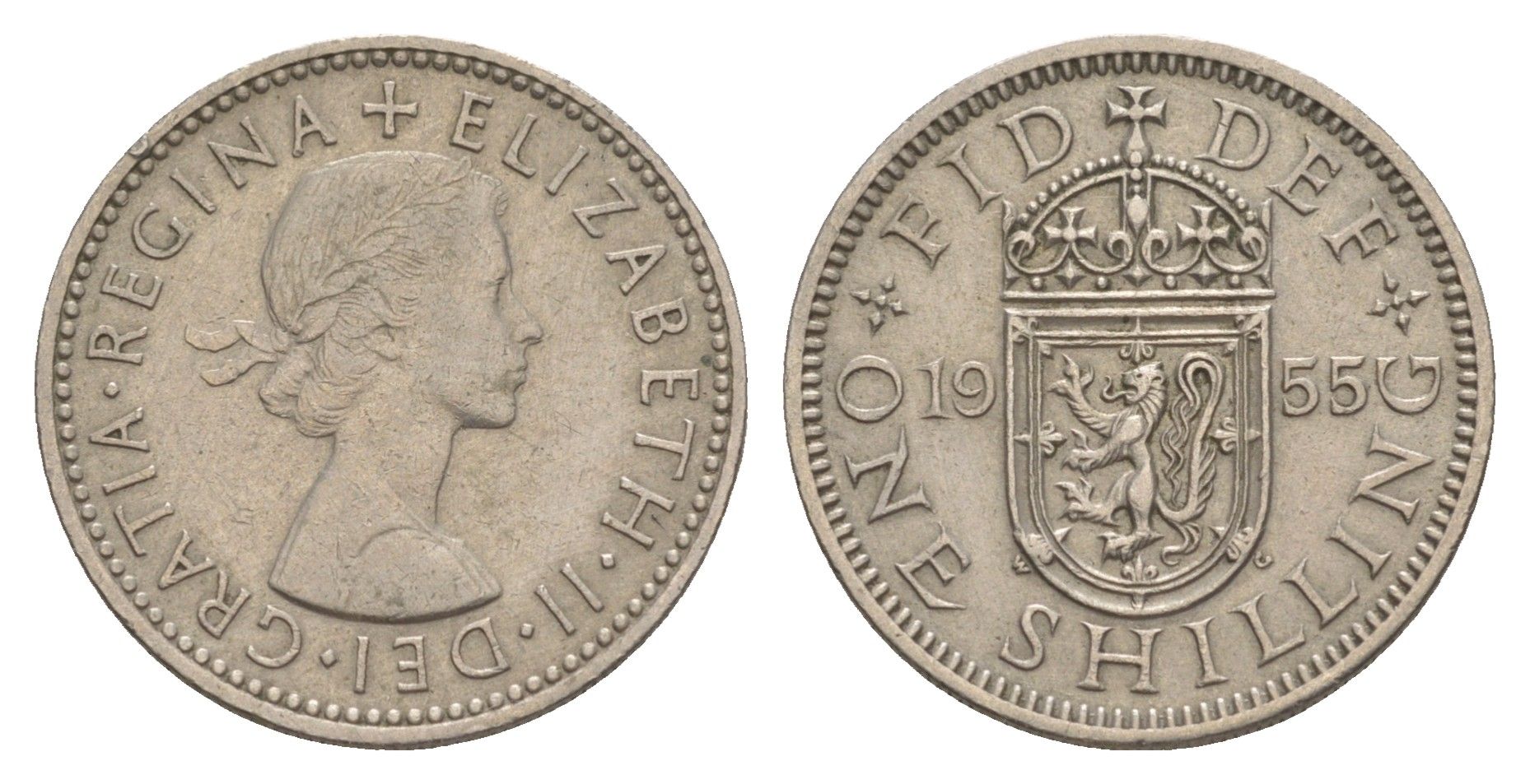 Великобритания 1 шиллинг 1955 Елизавета II (1952-2022), Шотландский герб KM 904, Spink 4147 медно-никель 4153-1221