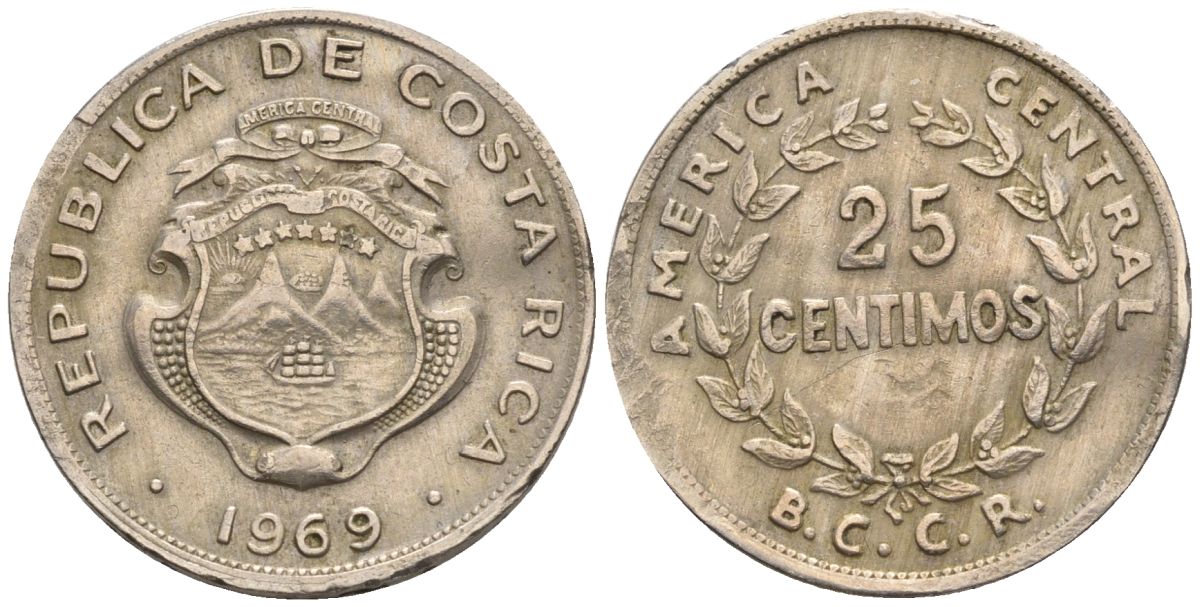 Коста-Рика 25 сентимо 1969 (1970) KM 188.1, Schoen 43 медно-никель 4116-714