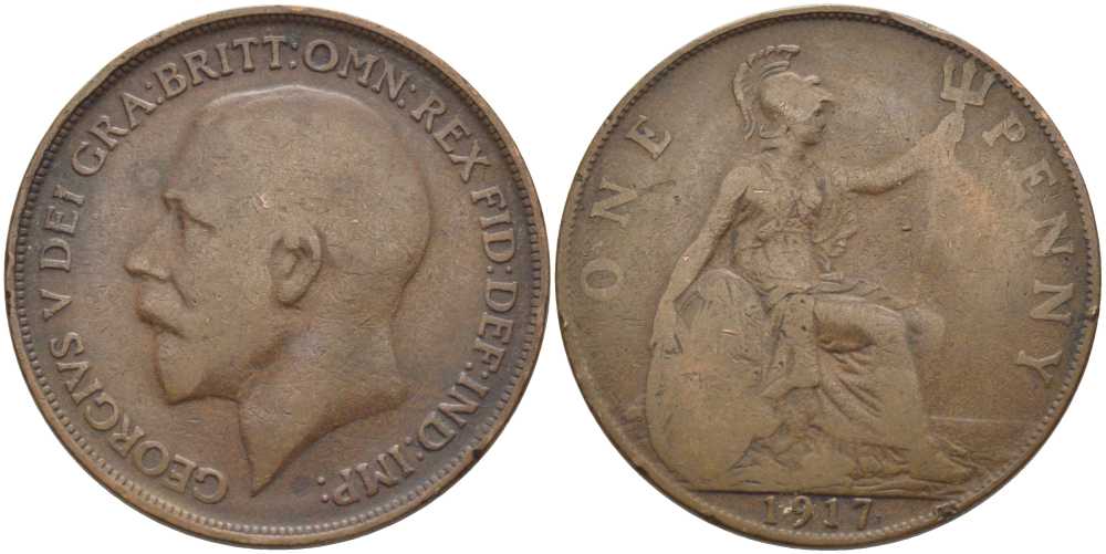 Великобритания 1 пенни 1917 Георг V (1910-1936) KM 810, Spink 4051 бронза 115-122