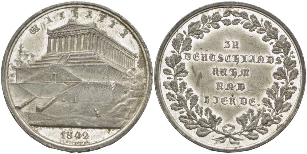 БАВАРИЯ МЕДАЛЬ 1842 НА ОТКРЫТИЕ ВАЛЬХАЛЛЫ (ЗАЛА СЛАВЫ) ЛЮДОВИКА I, ДИАМЕТР 41 ММ. белый металл 1081-5-61