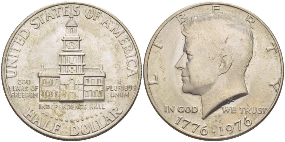 США 50 центов = 1/2 доллара 1976 200 лет независимости, Джон Кеннеди KM 205 медь плакированная медно-никелем 32-124