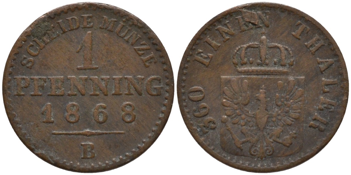 Пруссия 1 пфенниг 1868 В, Вильгельм I (1861-1888) KM 480 медь 4532-629