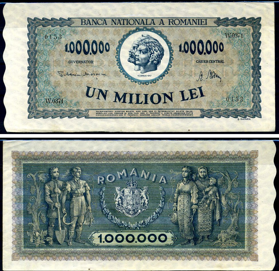 Румыния 1000000 леев 1947 Траян и Децебал, семья крестьян Pick 60 a бумага 8590-12-1-2