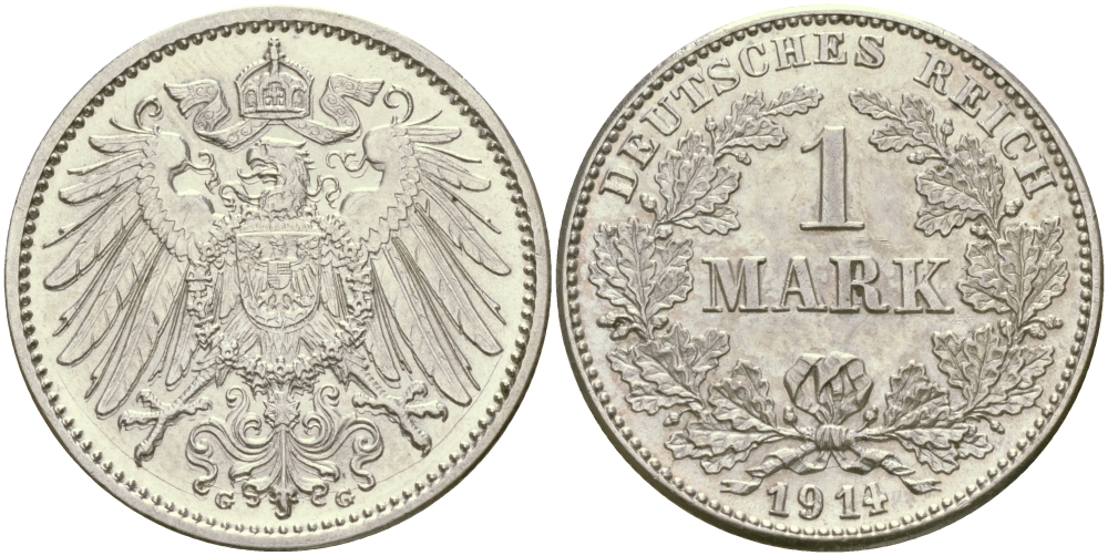 Германия 1 марка 1914 G Weege 18, J. 17, KM 14 серебро aUNC 98-1156