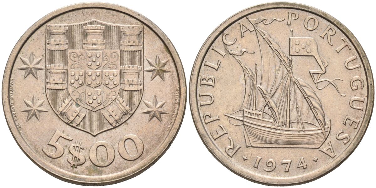Португалия 5 эскудо 1974 парусник KM 591 медно-никель 4126-622
