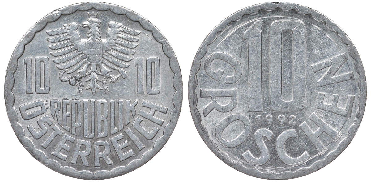 АВСТРИЯ 10 ГРОШЕЙ 1992 KM 2878 алюминий 62-743