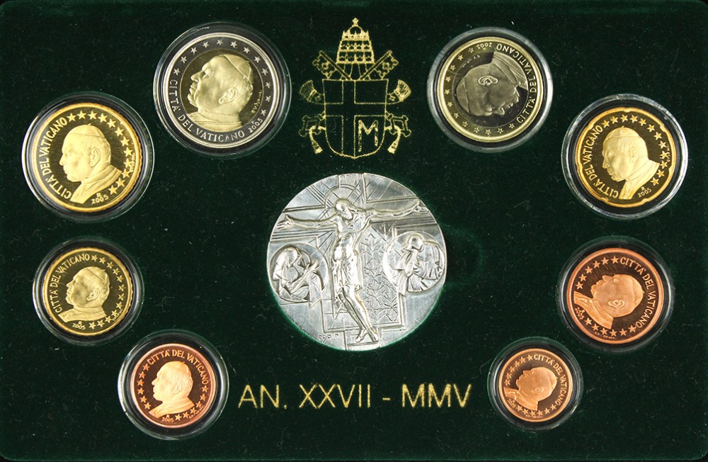 Ватикан евронабор из 8 монет + серебряная медаль 2005 Папа Иоанн Павел II, в оригинальной коробке, с сертификатом KM PS 18 биметалл PROOF 7-1-1-12