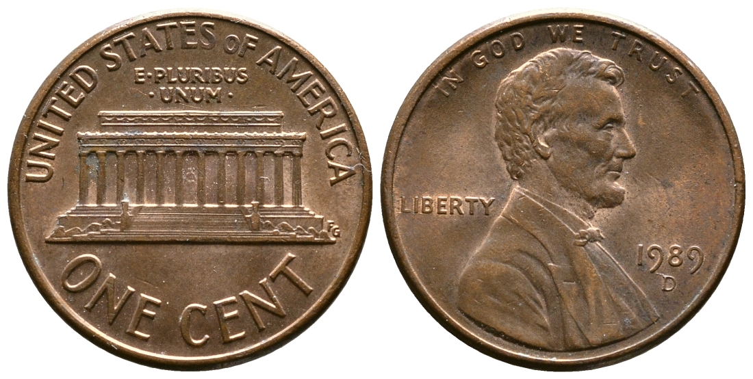 США 1 цент 1989 D, Линкольн KM 201b цинк плакированный медью 176-827