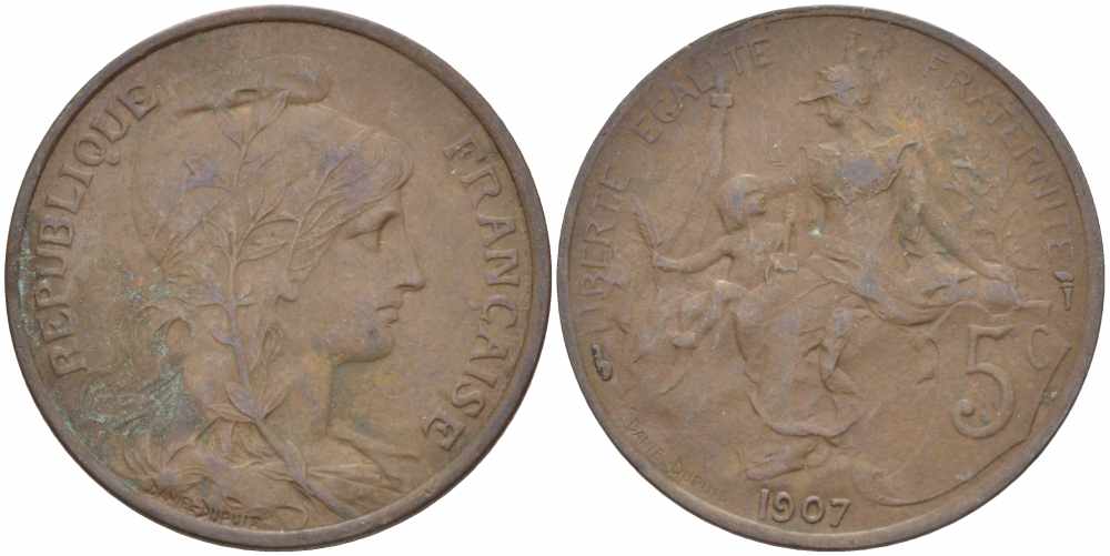 ФРАНЦИЯ 5 САНТИМОВ 1907 ТИП ДАНИЭЛЬ ДЮПЮИ KM 842, LE FRANC 119.17 бронза 108-855
