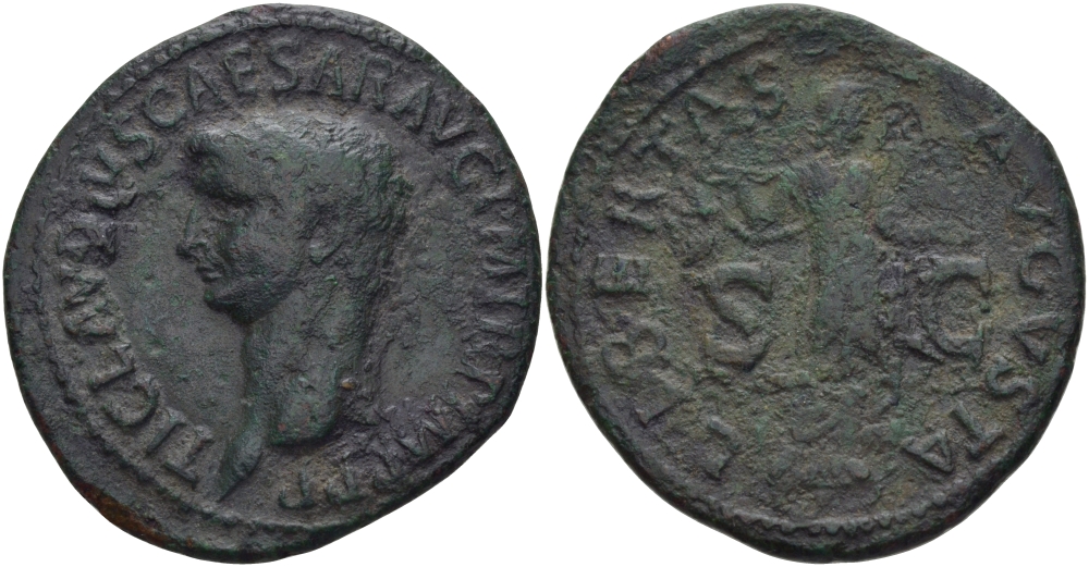 Римская Империя асс 50 - 54 Клавдий TI CLAVDIVS CAESAR AVG P M TR P IMP P P / LIBERTAS AVGVSTA S C Рим Very fine , 9,59 гр RIC 113 медь 1073-1-8-4
