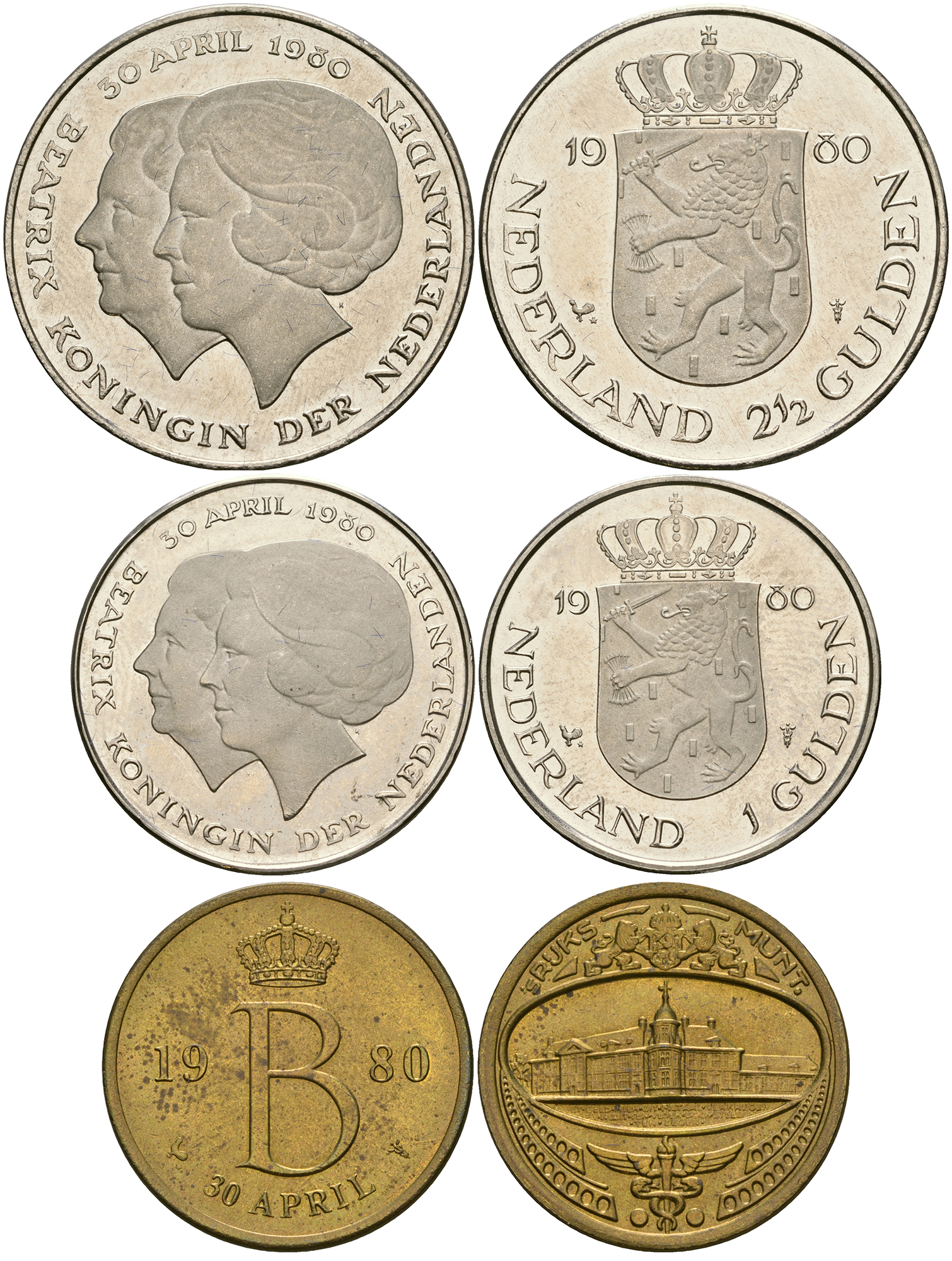 Нидерланды набор из 2 монет + жетон монетного двора 1980 30 апреля 1980 коронация   медно-никель  UNC  1-6-1-23
