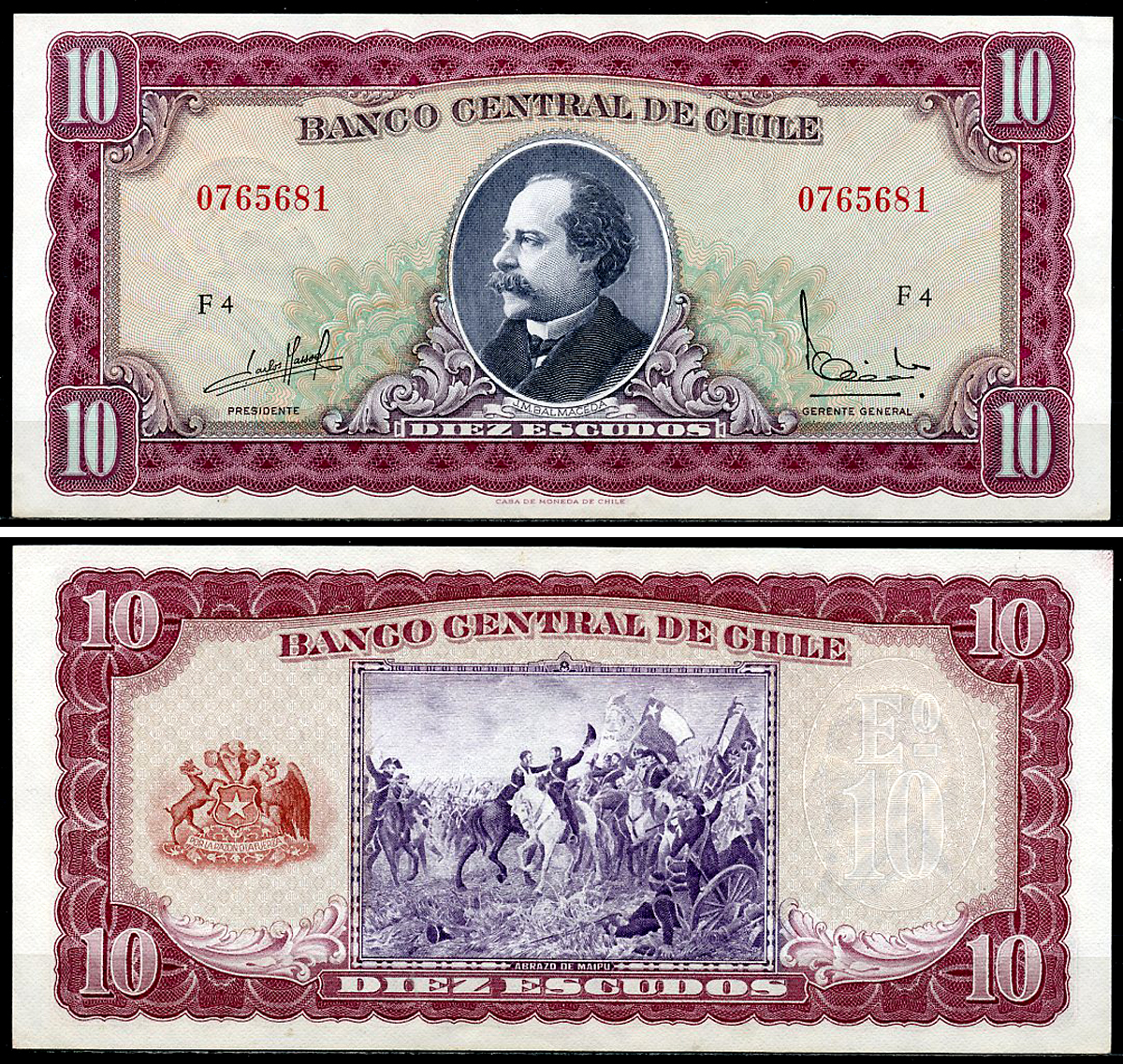 Чили 10 эскудо ND (1962-1975) Хосе Мануэль Бальмаседа Pick 139 a (3)  бумага  UNC (пресс) 451-1186-2