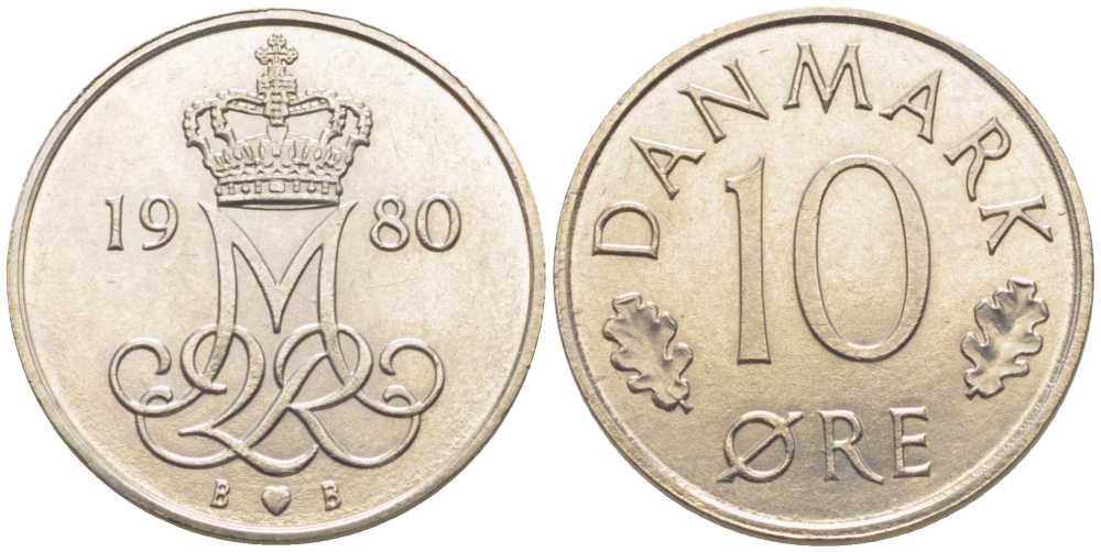 Дания 10 эре 1980 Маргрете II (1972-2024) KM 860.2 медно-никель 116-248