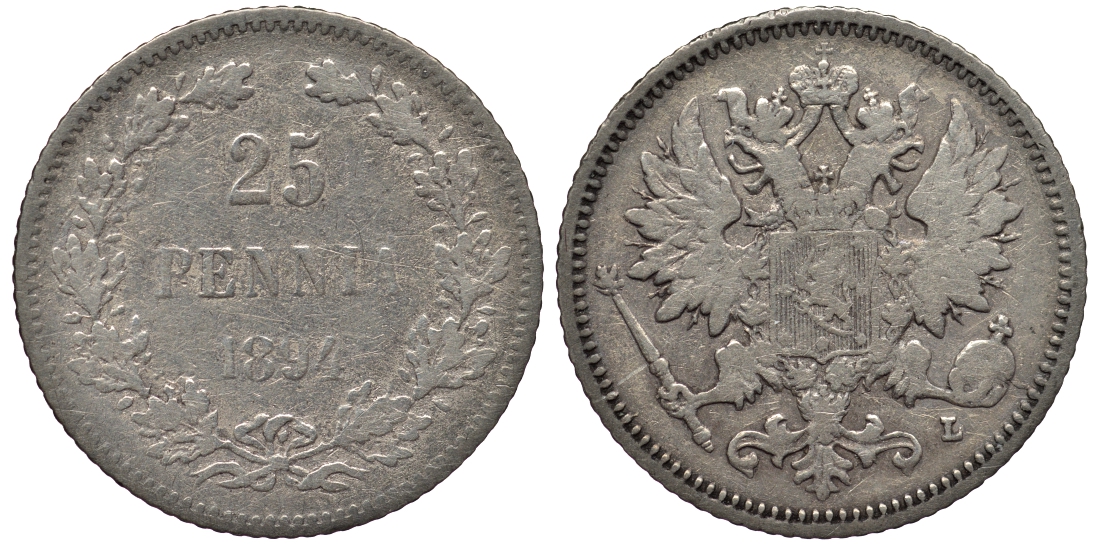 РОССИЯ ДЛЯ ФИНЛЯНДИИ 25 ПЕННИ 1894 L, АЛЕКСАНДР III KM 6.2, Биткин 241 серебро 443-821